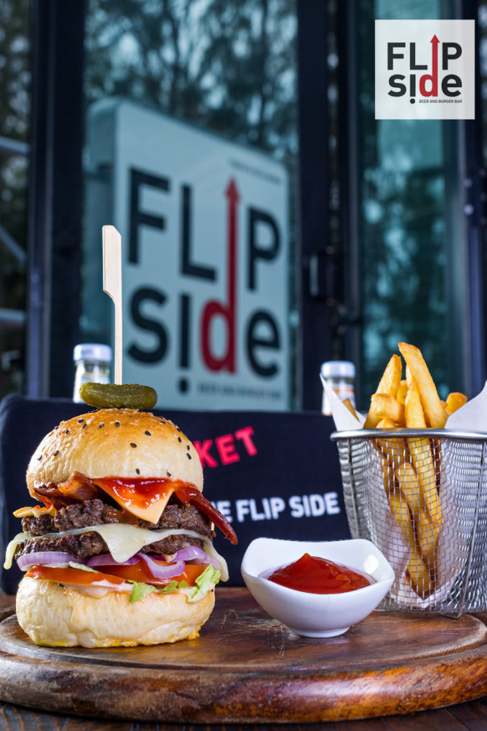 Food and drinks photography Flip side Phuket burger and french fries.