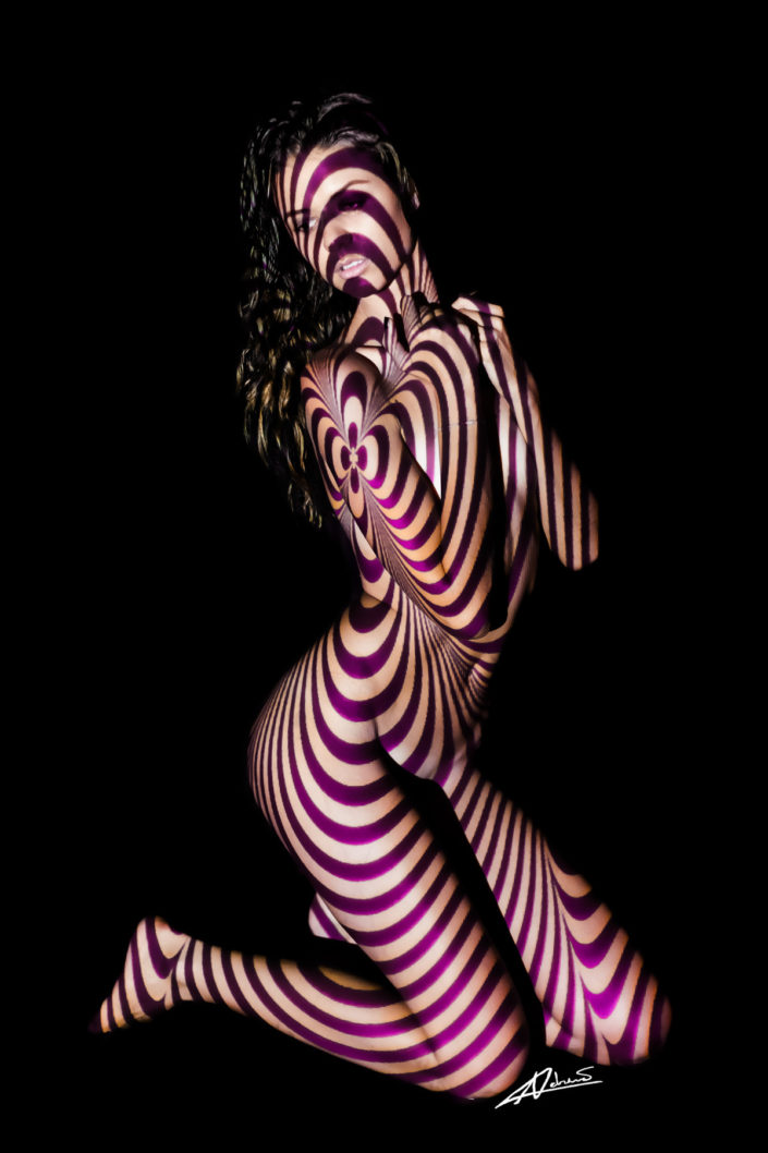 Projections-nude photography woman with purple lines.