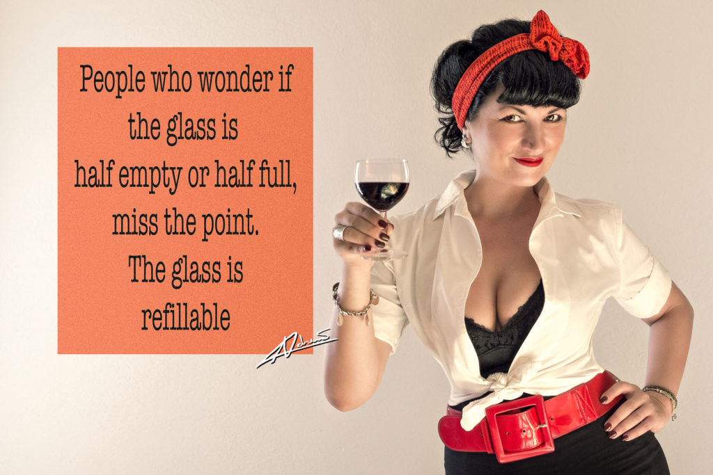 Retro portrait photography happy woman with wine pin up postcard.