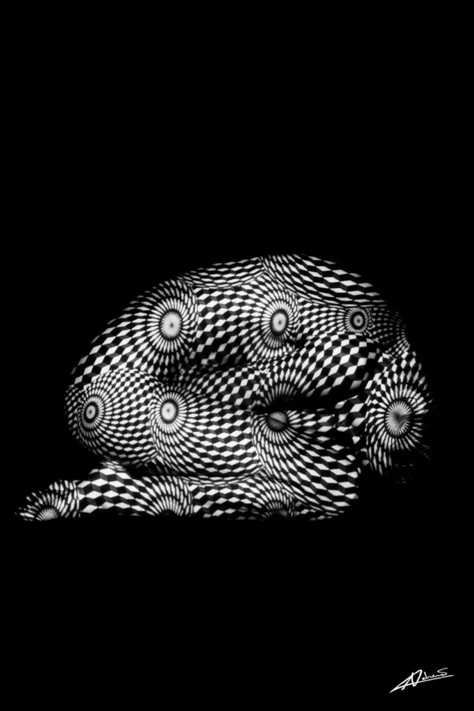 Projections-nude photography woman curled up with black and white pattern.